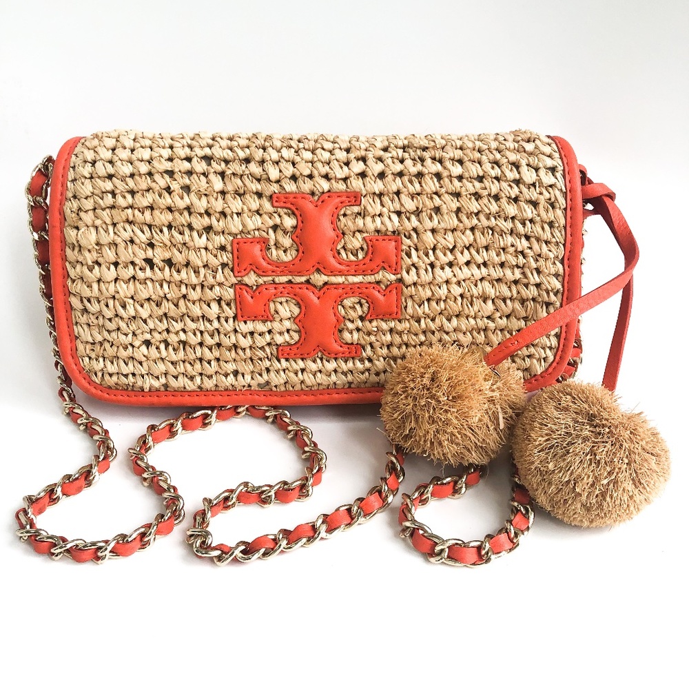 Tory Burch Orange and Raffia Purse with Gold Tone Chain Strap and Pom Poms